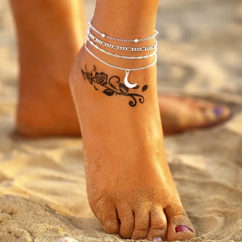 Sparkling Silver 4 Piece Moon, Satellite, Figaro, Twisted Chain Anklet